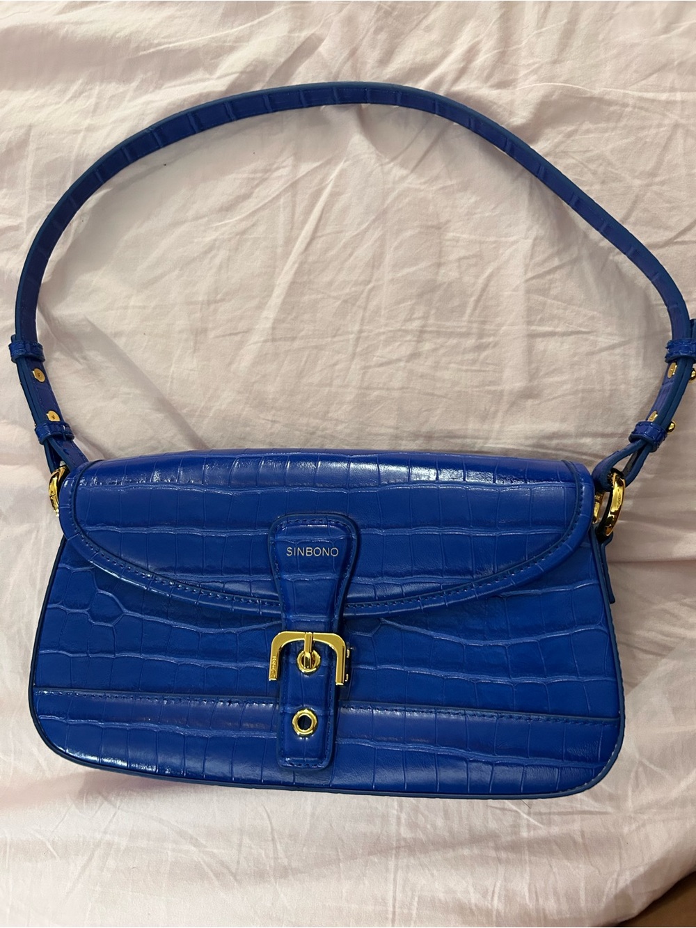 Sinbono Blue Croc-Embossed Shoulder Bag
